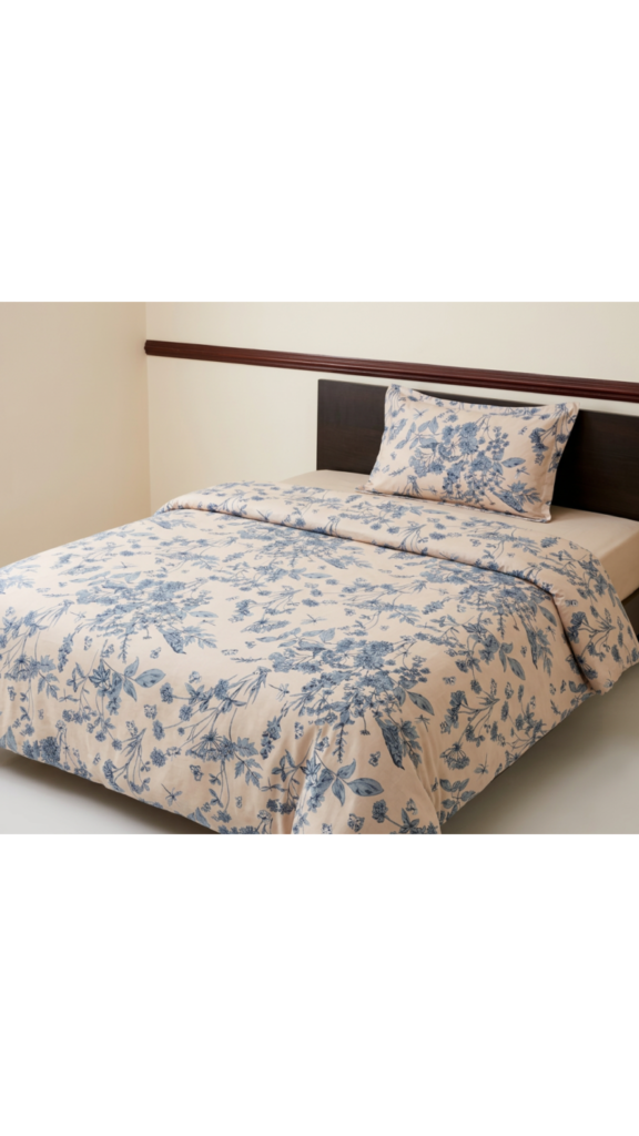 Bed neatly made with a beige floral duvet and matching pillow, dark wood headboard visible in a simple bedroom setting.