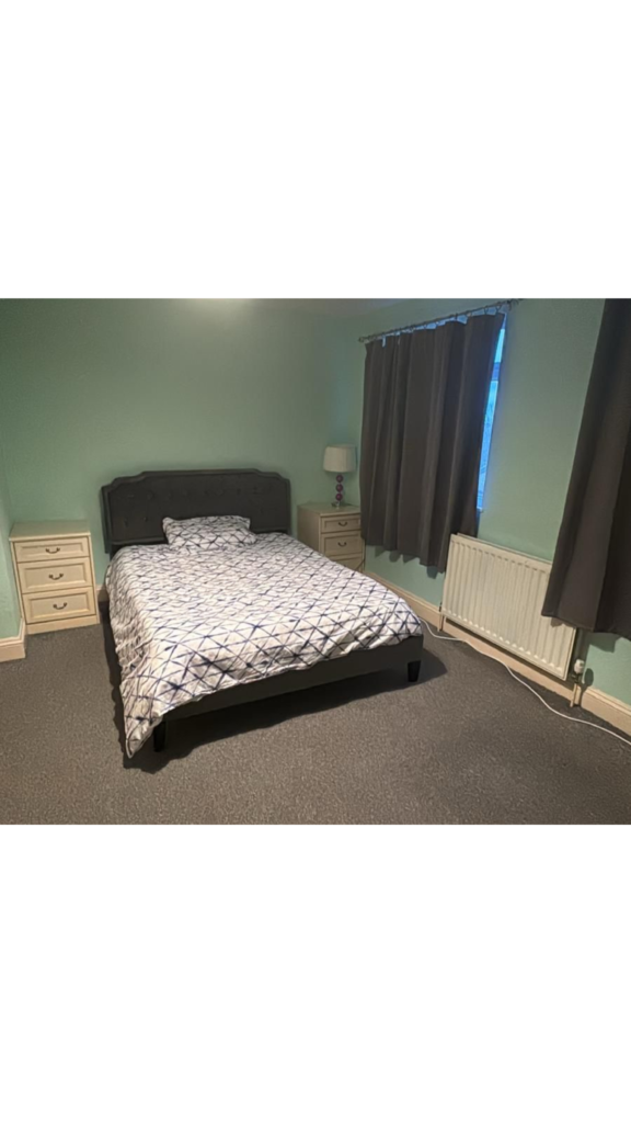 Bedroom with teal walls featuring a dark upholstered bed, white geometric duvet, and two beige nightstands with a lamp between them at the bedside.